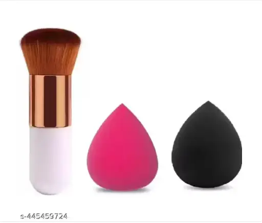 Round Foundation Makeup Brush combo, 2 Pieces Makeup Sponge Blender (Mini Foundation Brush With 2Pcs Blender Puff)